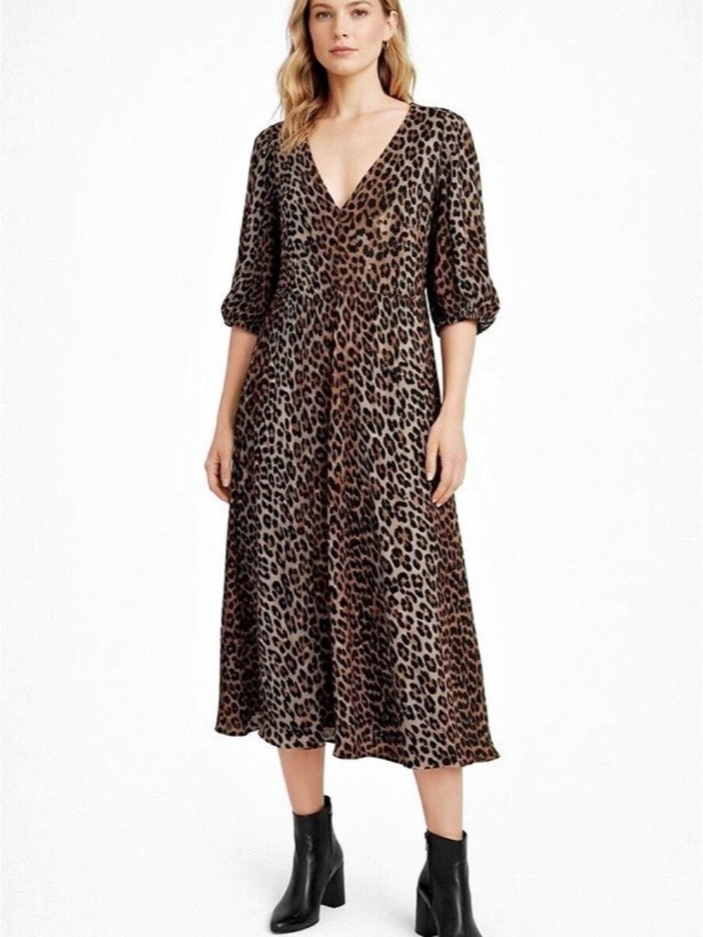 Ganni Leopard-Print Chiffon Midi Dress Brown & Black Size 42